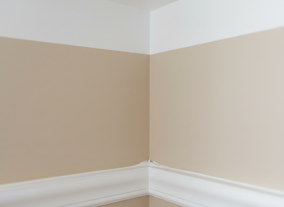 A close-up, photographic view of a freshly plastered and painted interior wall corner, showing a perfectly crisp edge where the white ceiling meets a soft beige wall. The smooth plaster surface is flawless, with no visible imperfections, and a high-quality matte paint finish absorbs gentle, diffused light from a nearby window. A simple baseboard runs along the bottom, perfectly aligned, with clean caulking. Shot with a macro lens and shallow depth of field, the foreground details are razor-sharp while the distant wall softly blurs, creating a calm, meticulous atmosphere that emphasizes craftsmanship in plastering and painting.