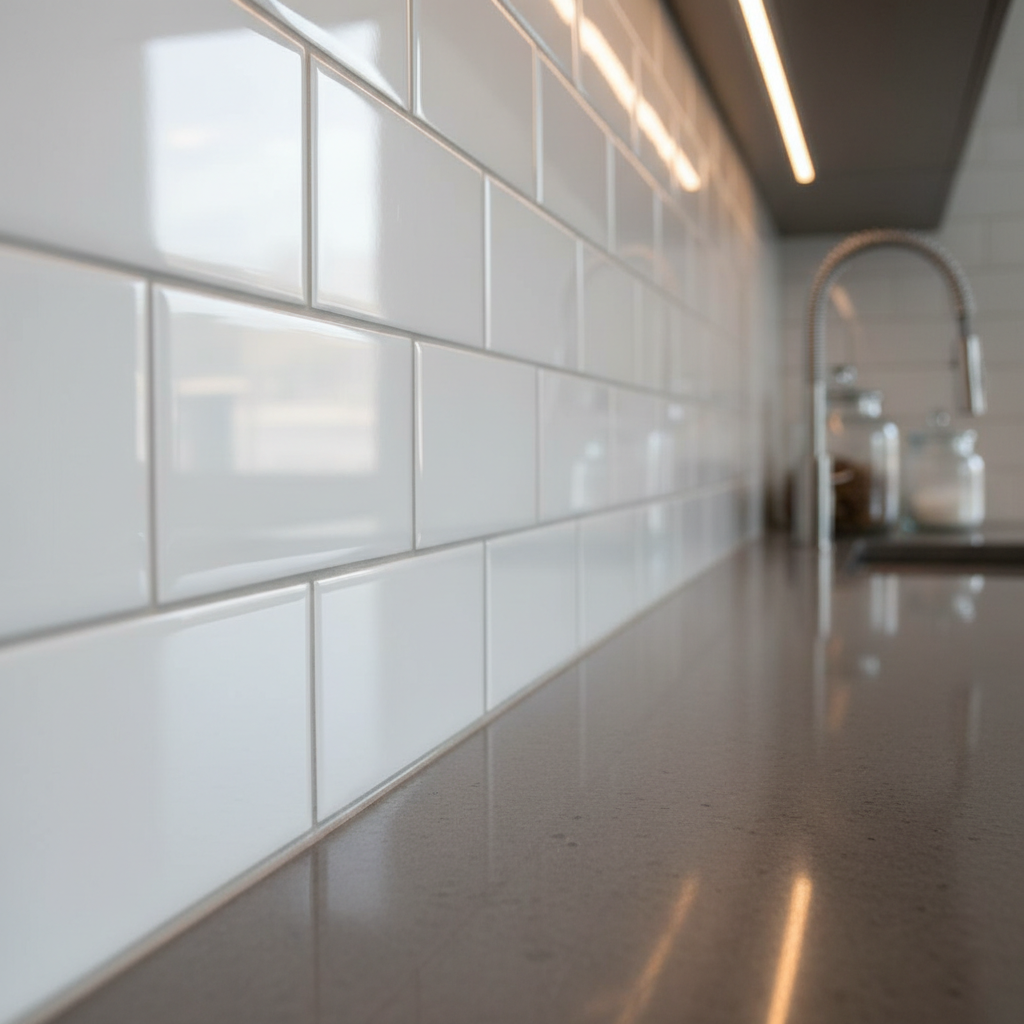 A close-up detail shot of a recently tiled kitchen backsplash, featuring rectangular, glossy white ceramic tiles laid in a precise subway pattern with consistent spacing. The light gray grout lines are clean and uniform, and the intersection with the countertop shows perfectly sealed silicone joints. A faint reflection of under-cabinet lighting glows along the tile surface, creating delicate highlights and subtle depth. Photographic realism, shallow depth of field, with the tile surface in sharp focus and the background counters softly blurred. The mood is refined and meticulous, emphasizing high-quality tiling and finishing work suitable for premium residential projects.