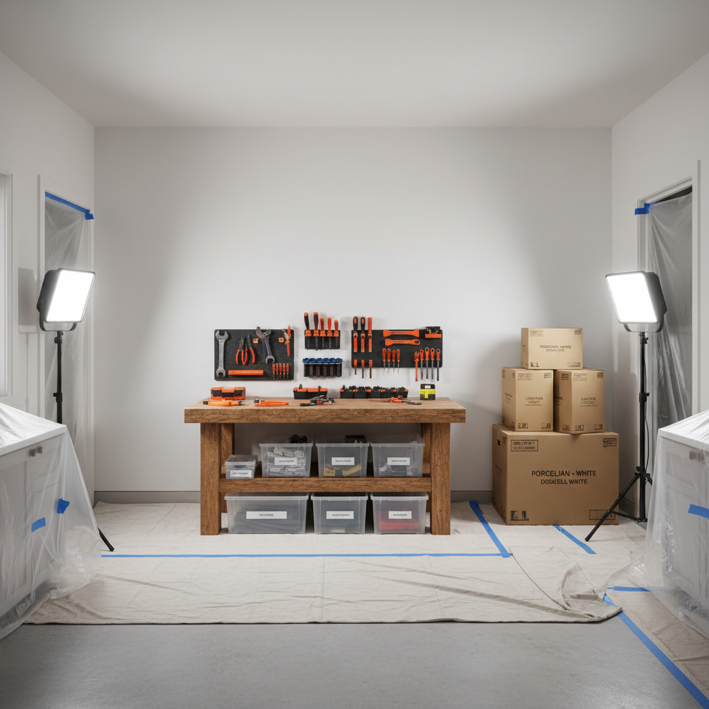 A meticulously organized interior maintenance workspace on a job site, featuring a sturdy workbench with neatly arranged tools, labeled storage bins, and stacked boxes of tiles and paint cans positioned against a freshly primed wall. Drop cloths protect the floor, and protective plastic carefully covers nearby fixtures. Bright, diffused site lighting evenly illuminates the area, creating soft shadows and emphasizing the cleanliness and safety of the setup. Photographic realism, captured from a slightly elevated angle to show the full layout. The atmosphere is disciplined and efficient, conveying a professional technical services team that plans and executes work methodically without clutter.