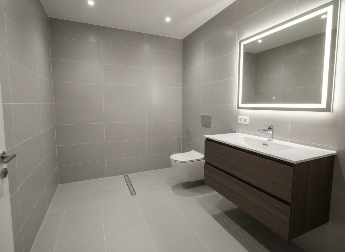A spacious, newly renovated bathroom showcasing expert tiling and plumbing work, with large-format light gray porcelain tiles covering the floor and walls in a precise grid pattern. The grout lines are perfectly even, and the walk-in shower area features a gentle floor slope toward a sleek linear drain. A modern wall-hung toilet and a floating vanity with an under-mount sink sit flawlessly aligned, with chrome fixtures and neatly sealed joints. Bright, even ceiling lighting and a soft glow from an LED mirror illuminate every surface. Photographic realism, captured from a slightly elevated angle, conveys cleanliness, durability, and high-end technical workmanship.