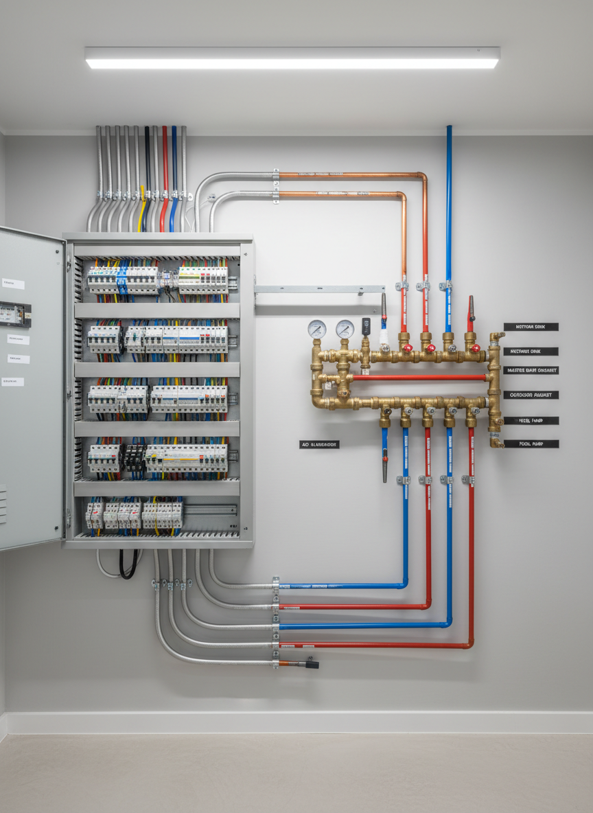 An organized electrical and plumbing service area inside a villa, showing a neatly installed electrical distribution board beside an orderly manifold of labeled pipes and valves. Cables are bundled cleanly within conduits, and breakers are aligned in straight rows, while the pipework is precisely routed along the wall with secure brackets and tidy junctions. The space is well-lit by bright, neutral overhead lighting, casting minimal shadows for clear visibility. Photographic realism, shot straight-on for symmetry, with sharp focus emphasizing order, safety, and compliance. The mood is highly professional and reassuring, ideal for a maintenance company highlighting technical expertise.