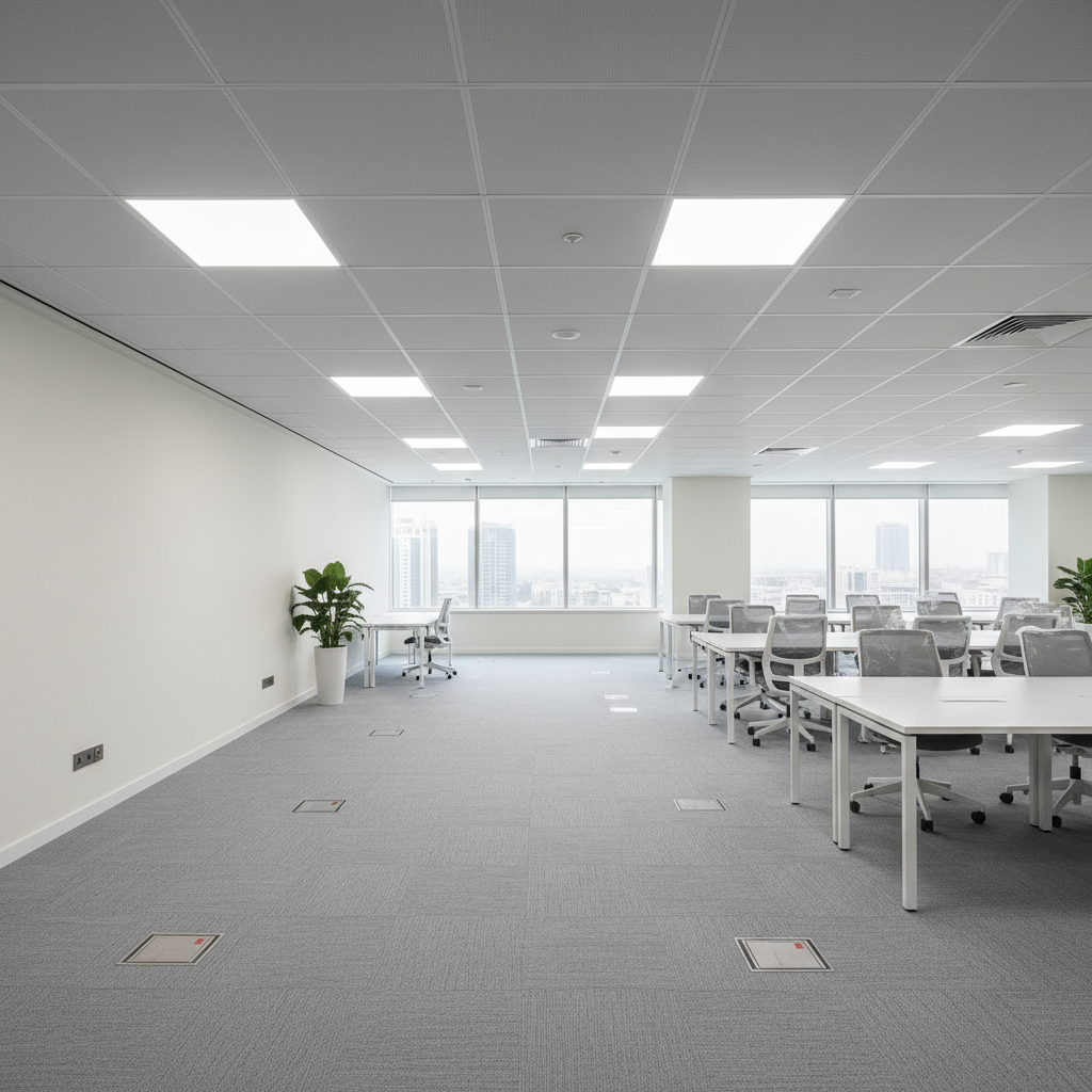 A completed open-plan office renovation in Dubai, featuring perfectly aligned suspended ceiling tiles with integrated LED panel lights, smooth off-white painted walls, and pristine, evenly laid carpet tiles in a subtle gray pattern. Electrical floor boxes and wall outlets are strategically placed and flawlessly installed. Large windows reveal a faint city skyline, while soft, natural daylight combines with the ceiling lights, producing balanced, shadow-free illumination. Photographic realism, shot at eye level with a wide-angle lens to capture the entire space. The mood is professional, modern, and ready for occupancy, showcasing the full scope of technical maintenance and fit-out services.