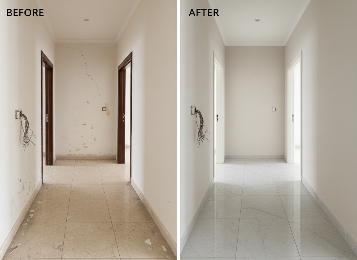 A dramatic before-and-after split-view of a residential hallway in Dubai, photographed from the same angle. On the left, the ‘before’ side shows scuffed paint, cracked plaster near a doorway, uneven floor tiles, and exposed, messy wiring at a light switch. On the right, the ‘after’ side reveals immaculate plastered walls, fresh neutral paint, perfectly leveled tiles, and neatly finished electrical fittings with modern switches. Photographic realism with balanced, bright indoor lighting and subtle shadows. The composition uses a clear central dividing line, emphasizing contrast and transformation while maintaining a calm, professional mood that communicates reliability and thorough maintenance services.