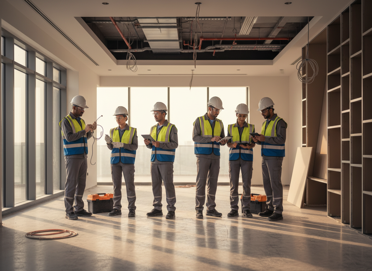 QILEEB technical services team working on a building renovation in Dubai