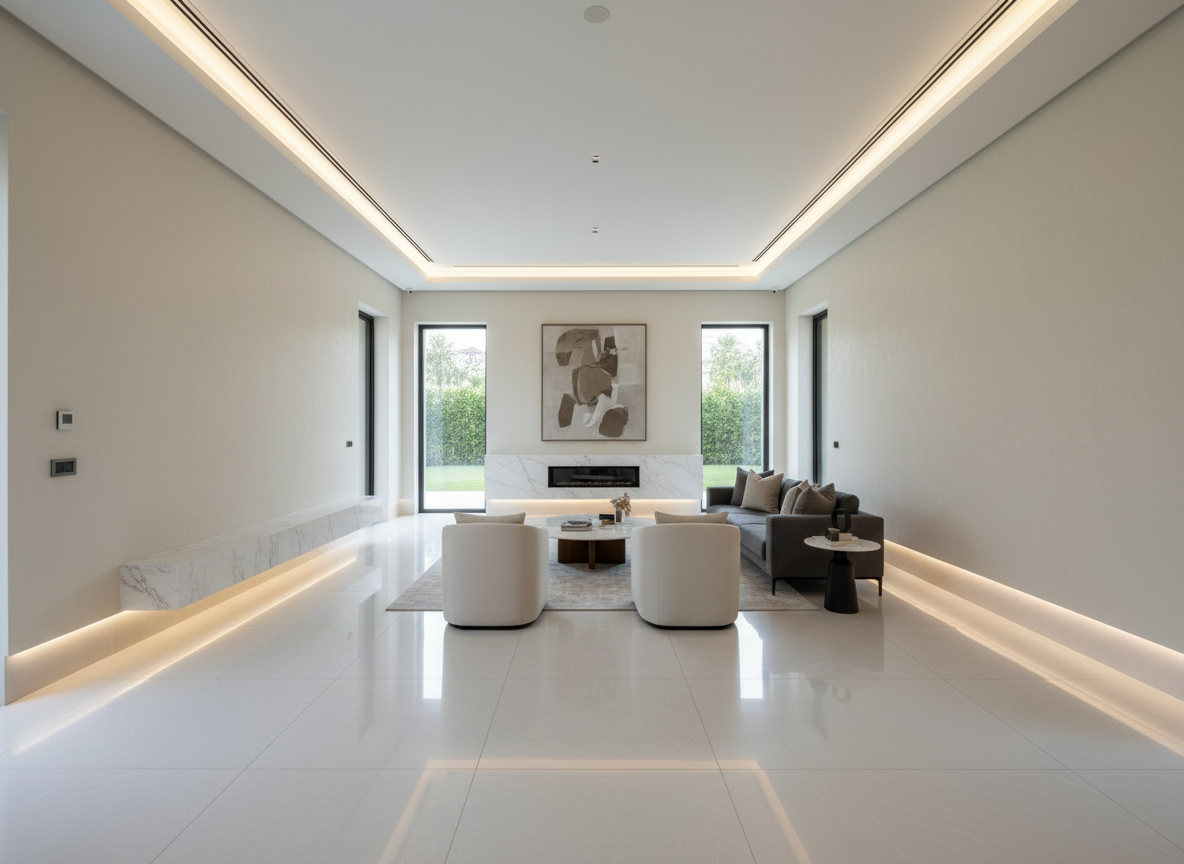 Immaculately finished luxury villa interior in Dubai showing quality plastering, painting and tiling work